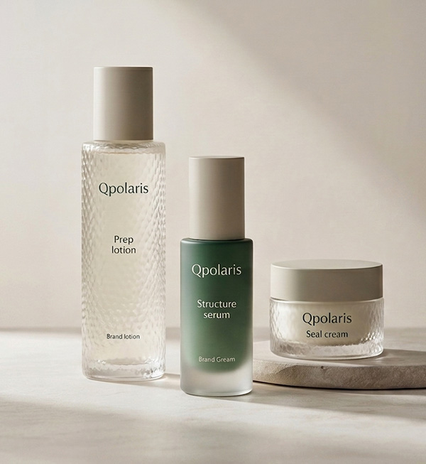 Qpolaris prep lotion, structure serum, and seal cream arranged in a calm neutral setting