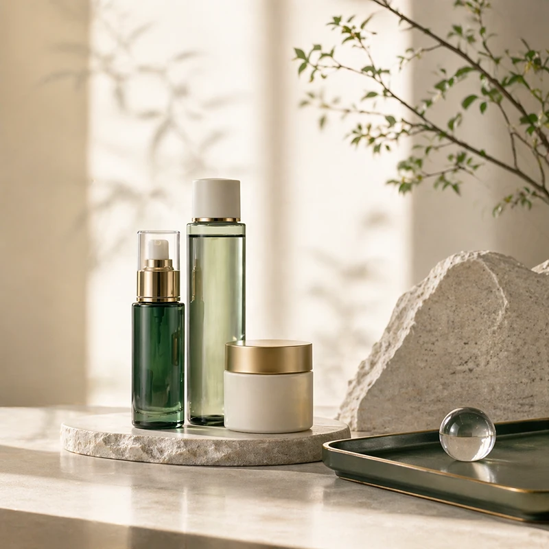 Warm ivory skincare still life with refined materials for the Qpolaris contact page