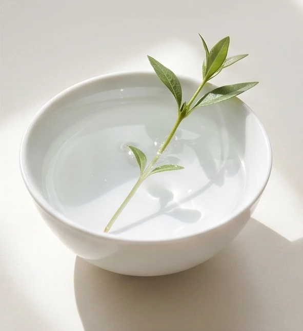 A white ceramic bowl with a green twig in soft warm light