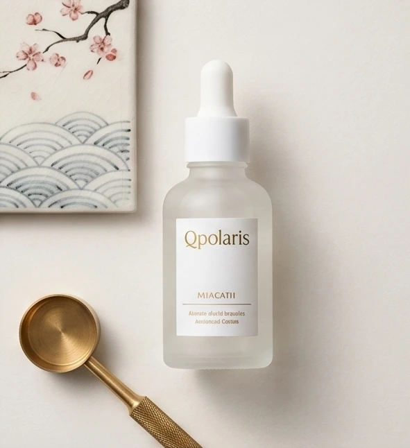 A serum bottle with a Japanese-inspired backdrop and brass detail